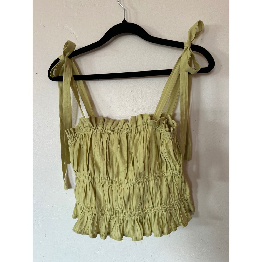 Lulus Chartreuse Green Smocked Tie-Strap Ruffle Crop Top Small
